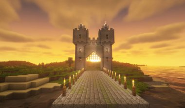 Minecraft Maçı Kasım 03 2023. Minecraft Oyun 3D illüstrasyonunda basitçe Ortaçağ Kalesi Kapıları örneği. Yazı