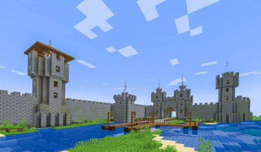 Minecraft Maçı Kasım 03 2023. Minecraft Oyun 3D illüstrasyonunda basitçe Ortaçağ Kalesi Kapıları örneği. Yazı