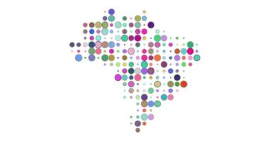 Gelecekçi animasyon noktaları soyut görsel kod kullanarak Brezilya haritasını oluşturmak için parlar ve dönüşür.