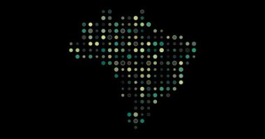 Gelecekçi animasyon noktaları soyut görsel kod kullanarak Brezilya haritasını oluşturmak için parlar ve dönüşür.