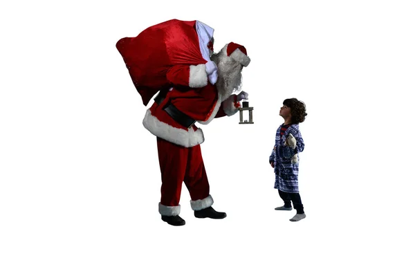 Санта Подарит Подарок Рождество Маленькому Мальчику — стоковое фото