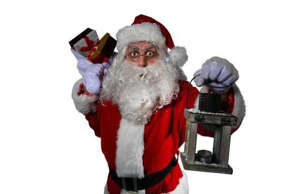Zaskoczony Święty Mikołaj Workiem Pełnym Prezentów — Zdjęcie stockowe