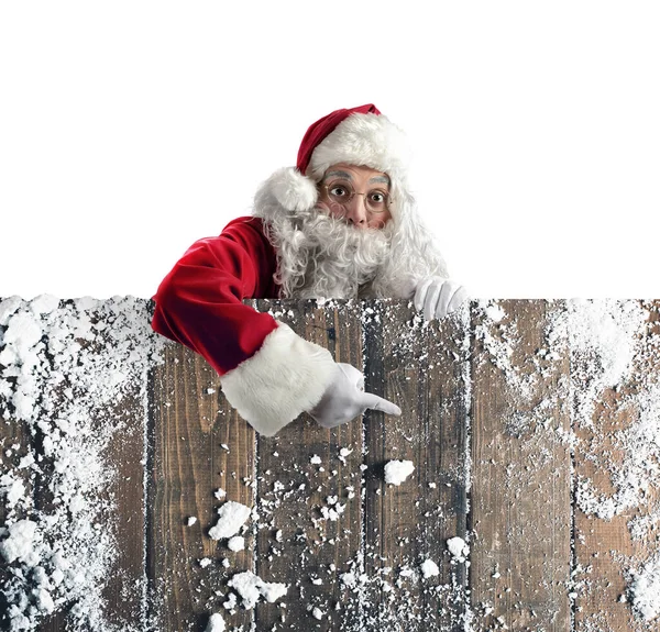 Babbo Natale Indica Qualcosa Muro Legno — Foto Stock