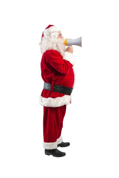 圣诞老人对着扩音器讲话 宣布圣诞节的到来 — 图库照片