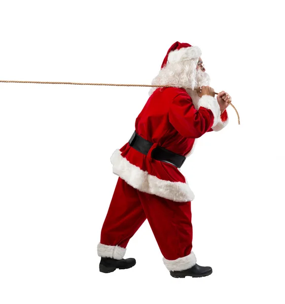 Kerstman Trekt Aan Een Touw Iets Zwaars Verplaatsen — Stockfoto