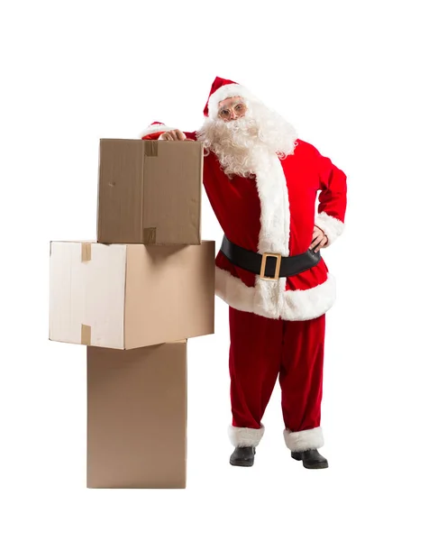 苦思冥想的桑塔 克洛斯思考着圣诞纸盒的运送 — 图库照片