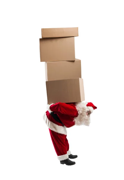 Święty Mikołaj Niesie Stos Pudełek Boże Narodzenie — Zdjęcie stockowe