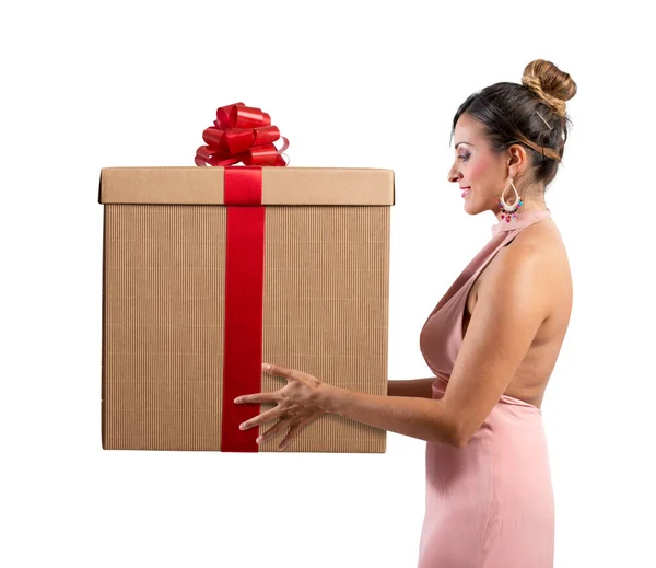 Woman Receives Big Gift Xmas — Stock Photo, Image