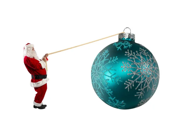Santa Claus Pulls Rope Move Big Xmas Ball — Stock Photo, Image