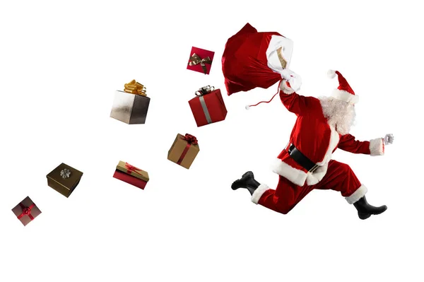 Święty Mikołaj Biegnie Szybko Dostarczyć Wszystkie Prezenty Boże Narodzenie — Zdjęcie stockowe