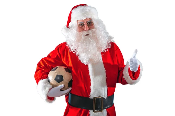 Positive Santa Claus Soccer Ball Hand — Stock Photo, Image
