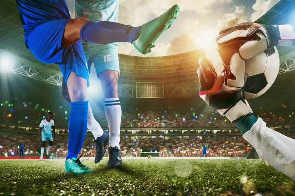 Futball Bezárja Helyszínt Egy Kapus Stadionjában Aki Elkapja Labdát — Stock Fotó