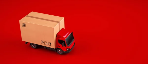 Lieferung Einer Großen Box Auf Rotem Hintergrund Mit Kabinenwagen — Stockfoto