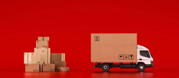 Lieferung Einer Großen Box Auf Rotem Hintergrund Mit Kabinenwagen — Stockfoto