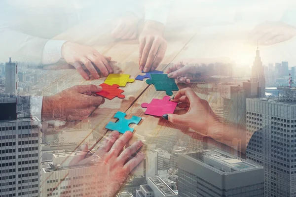 Business People Connect Pieces Puzzle Teamwork Partners — Stock Photo, Image