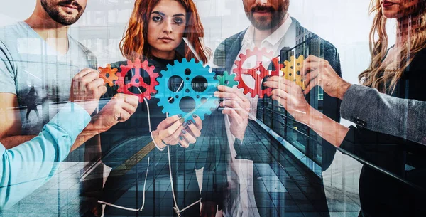 Teamwork Businesspeople Work Together Combine Pieces Gears — Stock Photo, Image