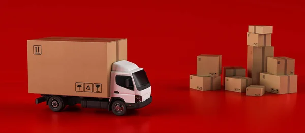 Delivery Large Box Red Background Cabin Truck — Stock Photo, Image