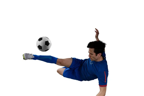 Football Player Kicks Soccerball Stadium — Stok fotoğraf