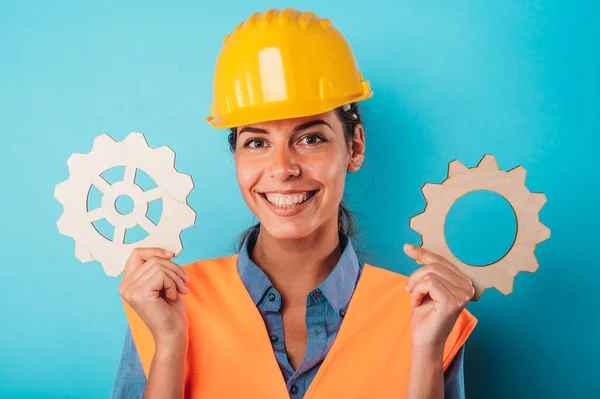 Woman Join Pieces Gears Concept Partnership Integration — Stock Photo, Image