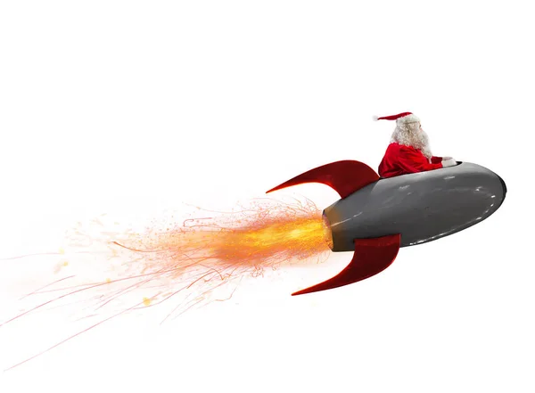 Santa Claus Flies Fast Power Rocket Deliver Xmas Gifts — Stock Photo, Image