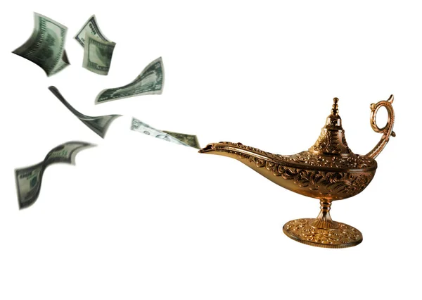 Geld Komt Uit Magische Aladdin Geest Lamp — Stockfoto
