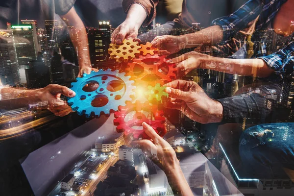 Teamwork Businesspeople Work Together Combine Pieces Gears Double Exposure — Stock Photo, Image