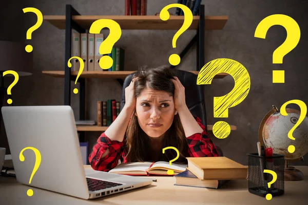 Woman Works Home Has Lot Questions — Stock Photo, Image
