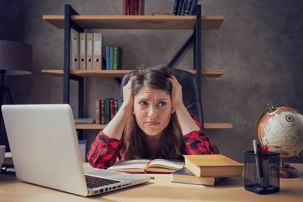 Woman Works Home Tired Stressed — Stock Photo, Image