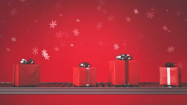 Red Gift Boxes Conveyor Belt Time Christmas — Stock Photo, Image