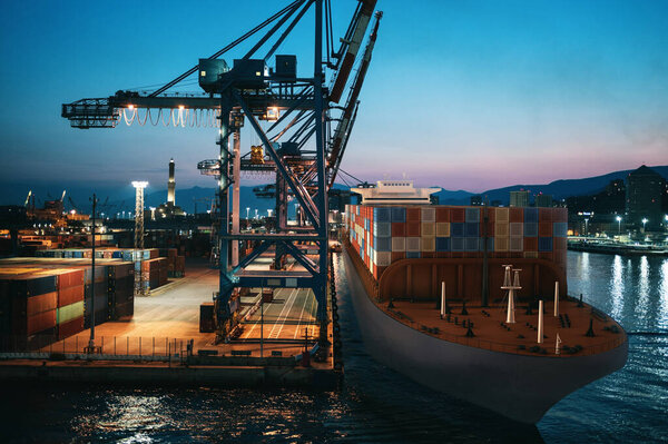 Commercial port with cargo ship full of containers