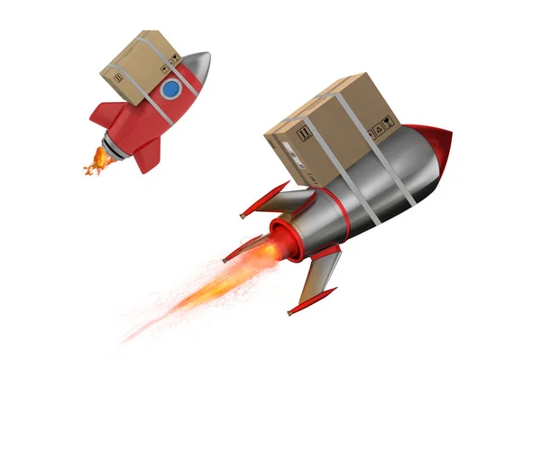 Kartonnen Doos Vliegt Snel Met Een Raket Concept Prioritaire Levering — Stockfoto