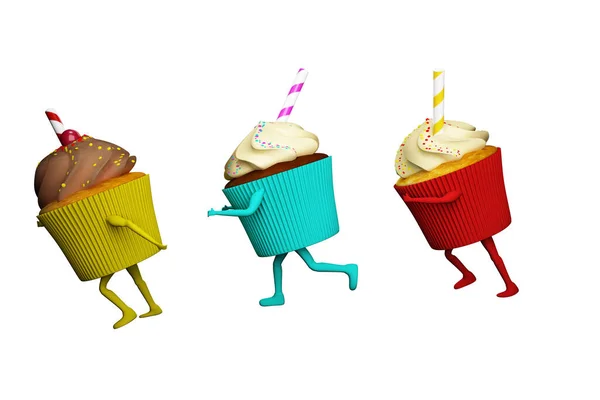 Cupcake Gordura Com Creme Correr Com Pernas Braços Renderização — Fotografia de Stock