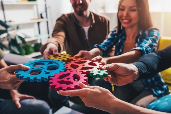 Business Team Connect Pieces Gears Teamwork Integration Concept — Stock Photo, Image
