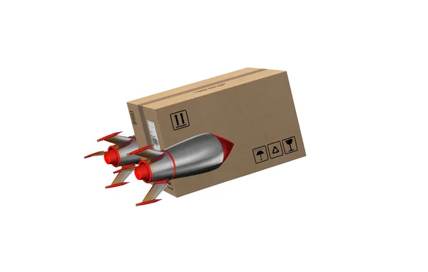 Caja Cartón Vuela Rápido Con Cohete Concepto Entrega Prioritaria Renderizar — Foto de Stock