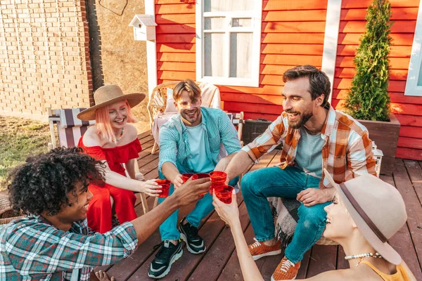 Group Friends Have Picnic Outdoor Hot Day — Stock Photo, Image