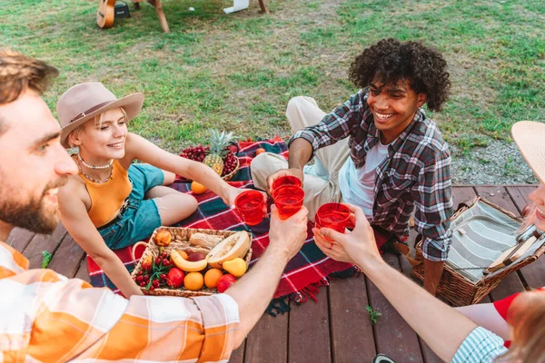 Group Friends Have Picnic Outdoor Hot Day — Stock Photo, Image