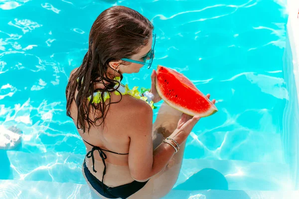 Woman Eat Watermelon Pool — Foto Stock