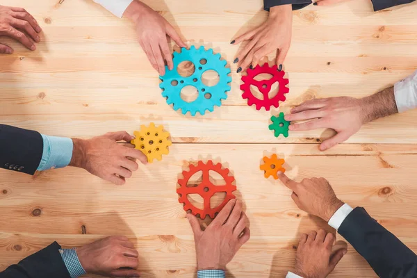 Business People Connect Pieces Gears Teamwork Partners — Stockfoto