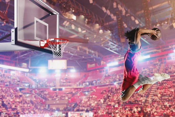 Jugador Baloncesto Saltando Para Hacer Una Canasta — Foto de Stock