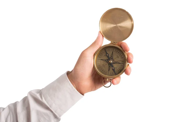 Businessman Holds Compass Help Himself Find Way — Stock Photo, Image