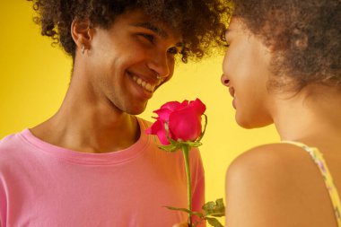 Sevgililer Günü 'nde gül taşıyan romantik çift.