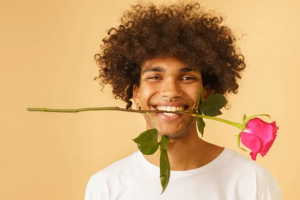 Romantic Man Rose Mouth Valentine Day — Stock Photo, Image