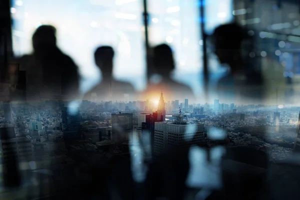 Blurred Double Exposure Business People Who Work Together Office — Stok Foto