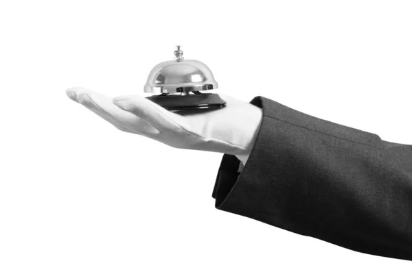 Waiter Holds Bell Hand Concept First Class Service — Stock Photo, Image