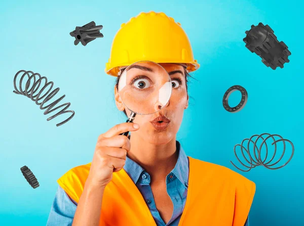 Woman Worker Helmet Magnifier Amazed Expression — Stock Photo, Image