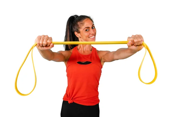 Beslutsam Kvinna Tränar Med Elastisk Gymmet — Stockfoto
