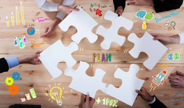 Geschäftsleute Fügen Puzzleteile Zusammen Konzept Der Teamarbeit Und Partnerschaft — Stockfoto