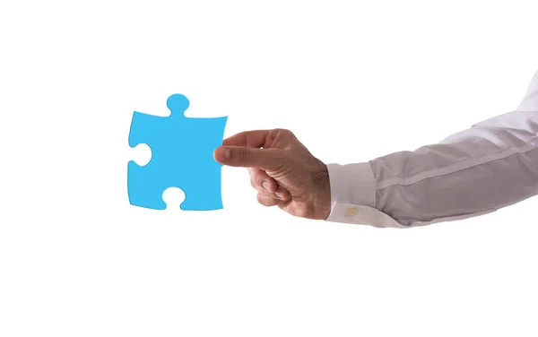 Businessman Holds Piace Puzzle Concept Teamwork Partnership Integration — Stock Photo, Image