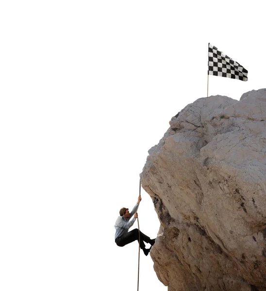 男人爬上山去拿旗子 实现业务目标和困难的职业概念 — 图库照片