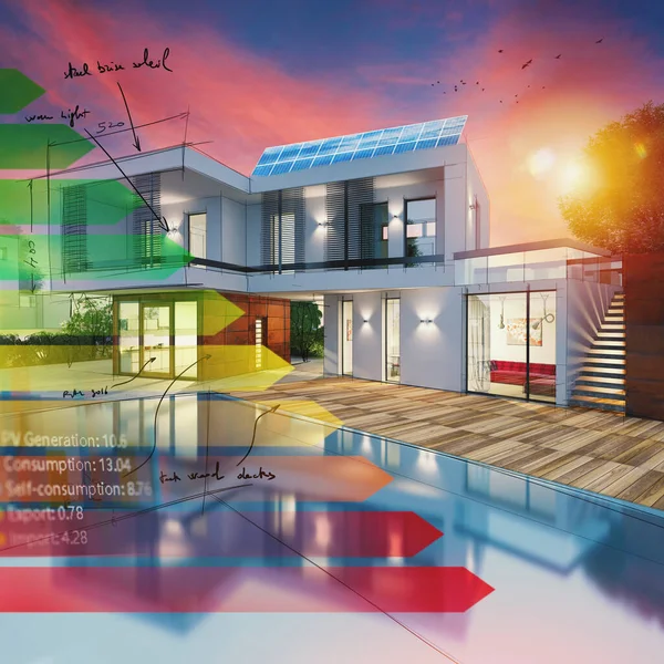 Projet Croquis Une Villa Moderne Avec Panneaux Solaires Sur Toit — Photo